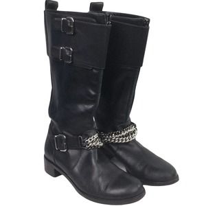Claudia Ciuti Women's Buckles Chain Link Block Heel Black Leather Calf Boot 7.5